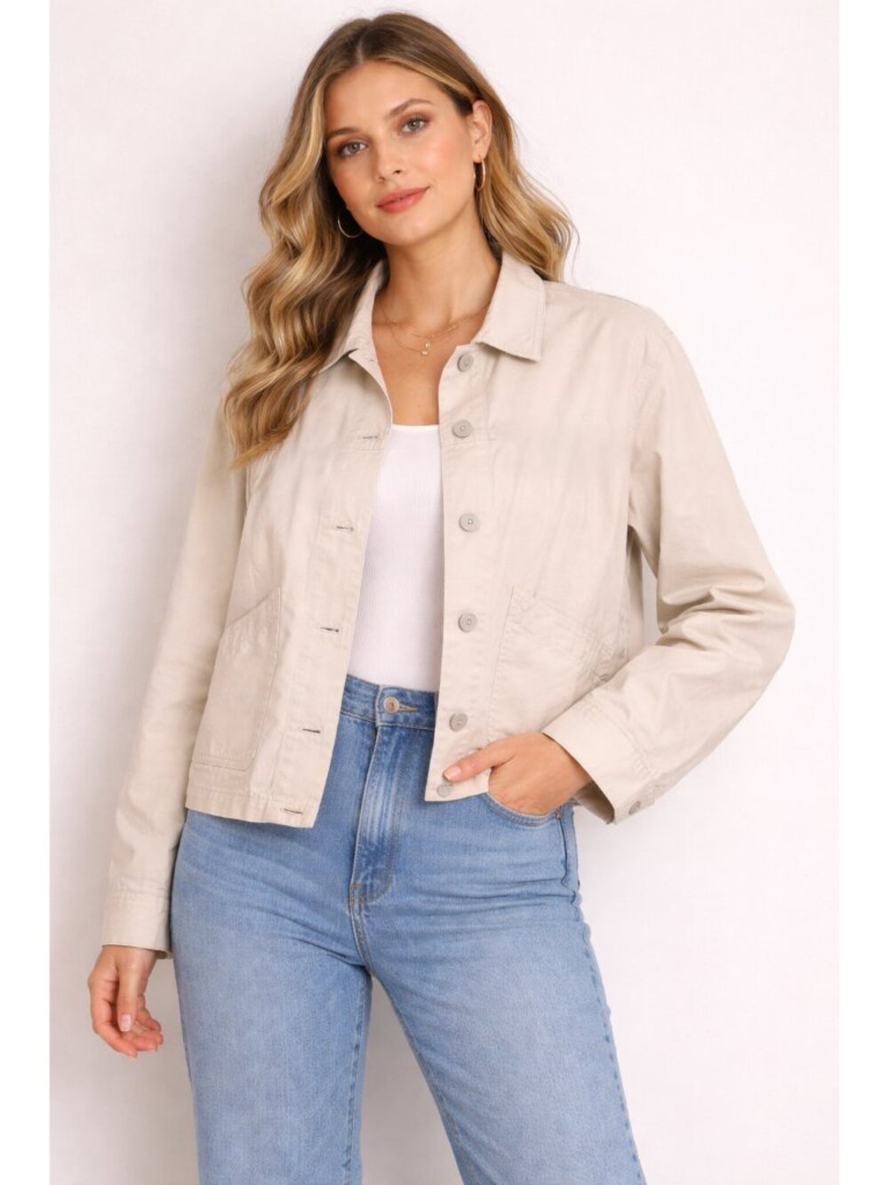 Kensie Jeans Sz M Lightweight Oatmeal Beige Utility Jacket Pleated Back Design